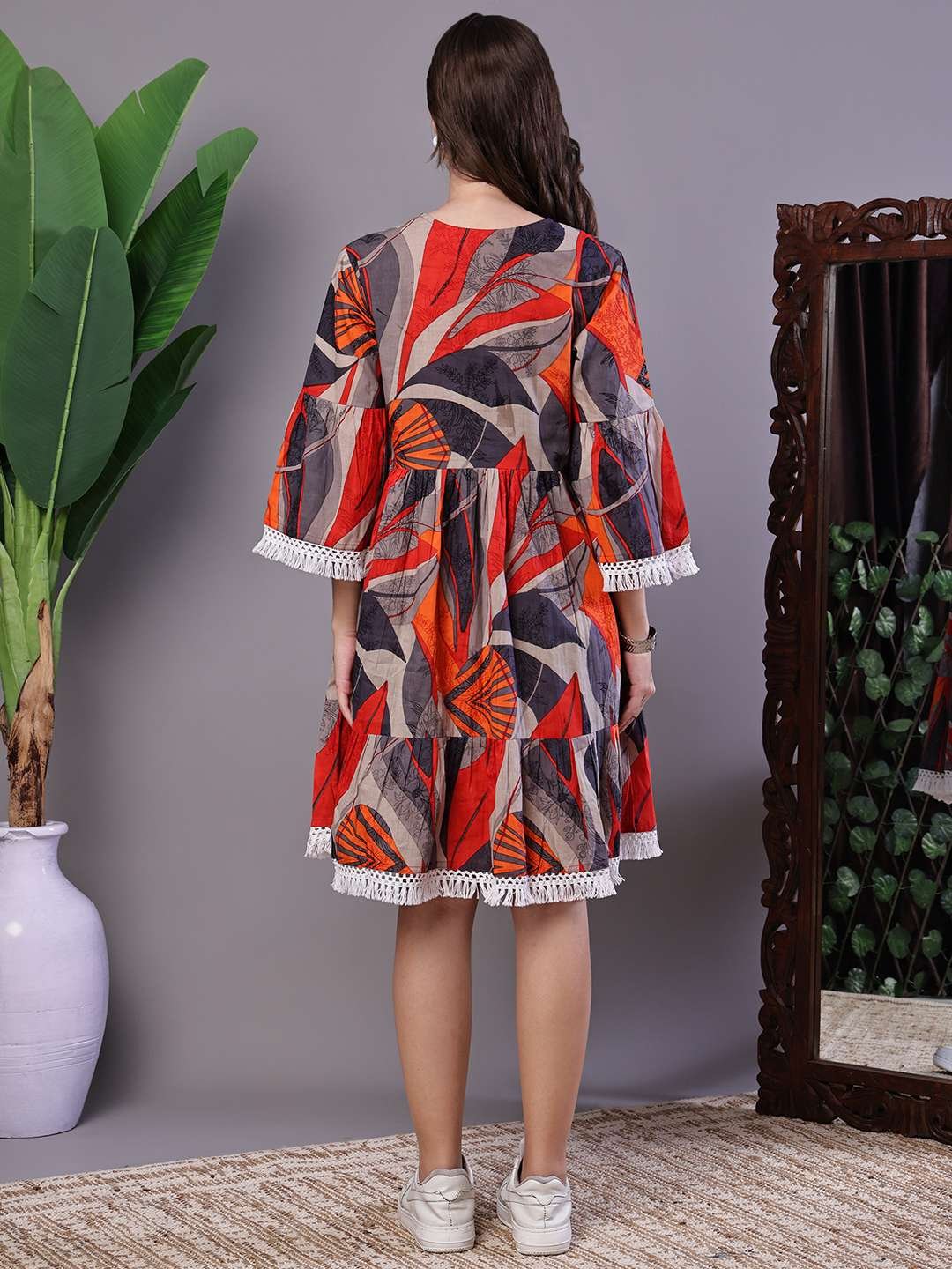 Wome's Multicolor Printed Cotton A-Line Dress with Embroidered Yoke Midi Dresses - Image 2